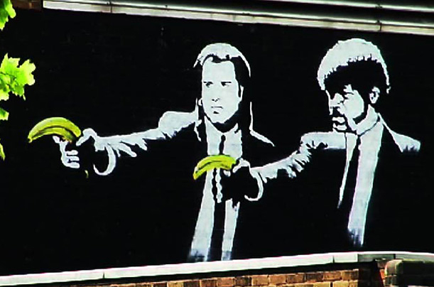 "Pulp Fiction Bananas" by Banksy, once near Old Street Tube Station, London, now whitewashed.  From http://www.toptenz.net/top-10-images-by-street-artist-banksy.php  