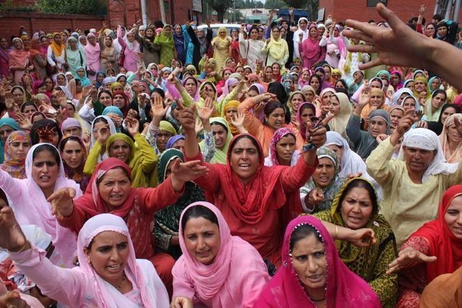 Women protesting in the Press Enclave, Lal Chowk, Srinagar, against the double rape and murder of Shaheed Aasiya and Shaheed Nilofar, from Shopian, by the Indian Occupation Army. 2009  Photo Credit: Bilal Bahadur