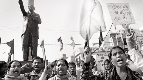 Photo by Thenmozhi Soundararajan, “Dalit Women’s Self-Respect Yatra begins in Kurukshetra at the feet of Dr. Ambedkar!,” February 27, 2014.
